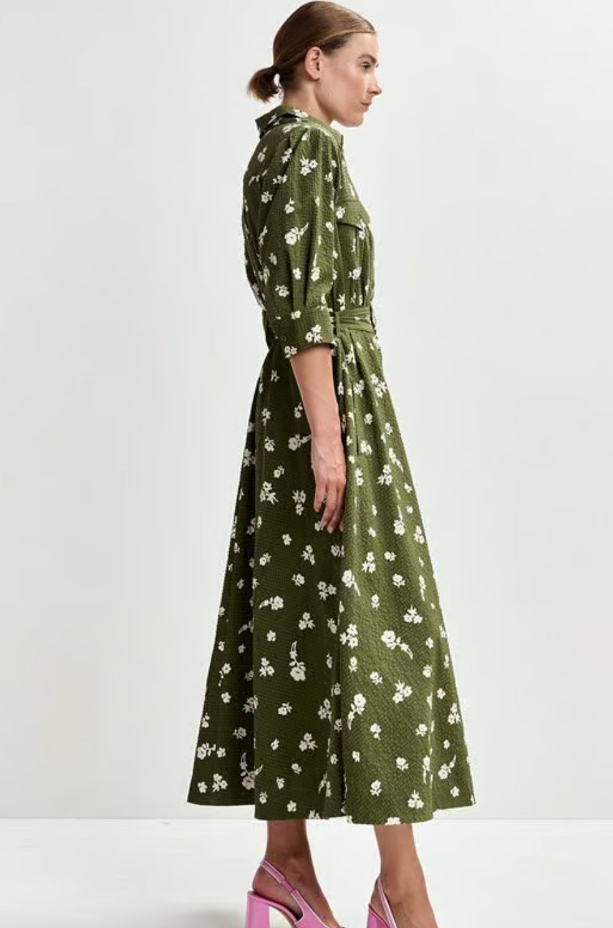 Essentiel Antwerp Olive Green Floral Belted Shirt Dress