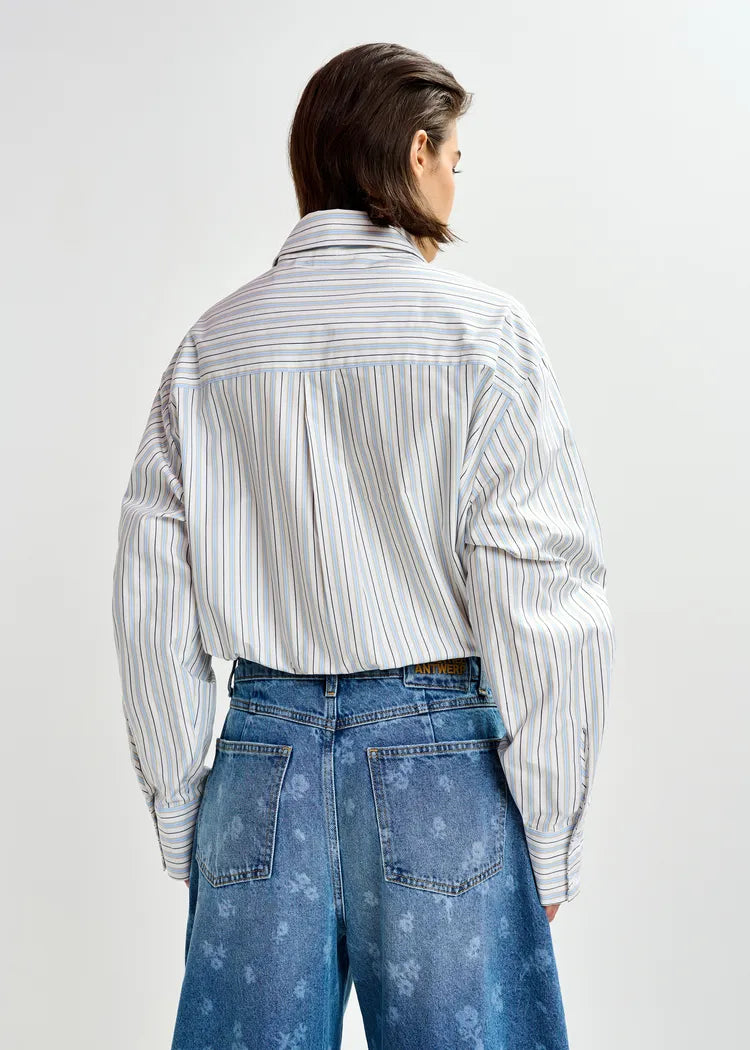 Essentiel Antwerp White & Blue Stripe Shirt with Long Collar & Mismatched Buttons