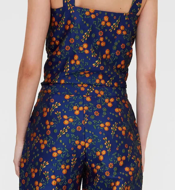 Compañía Navy & Orange Floral Cropped Jacquard Pants
