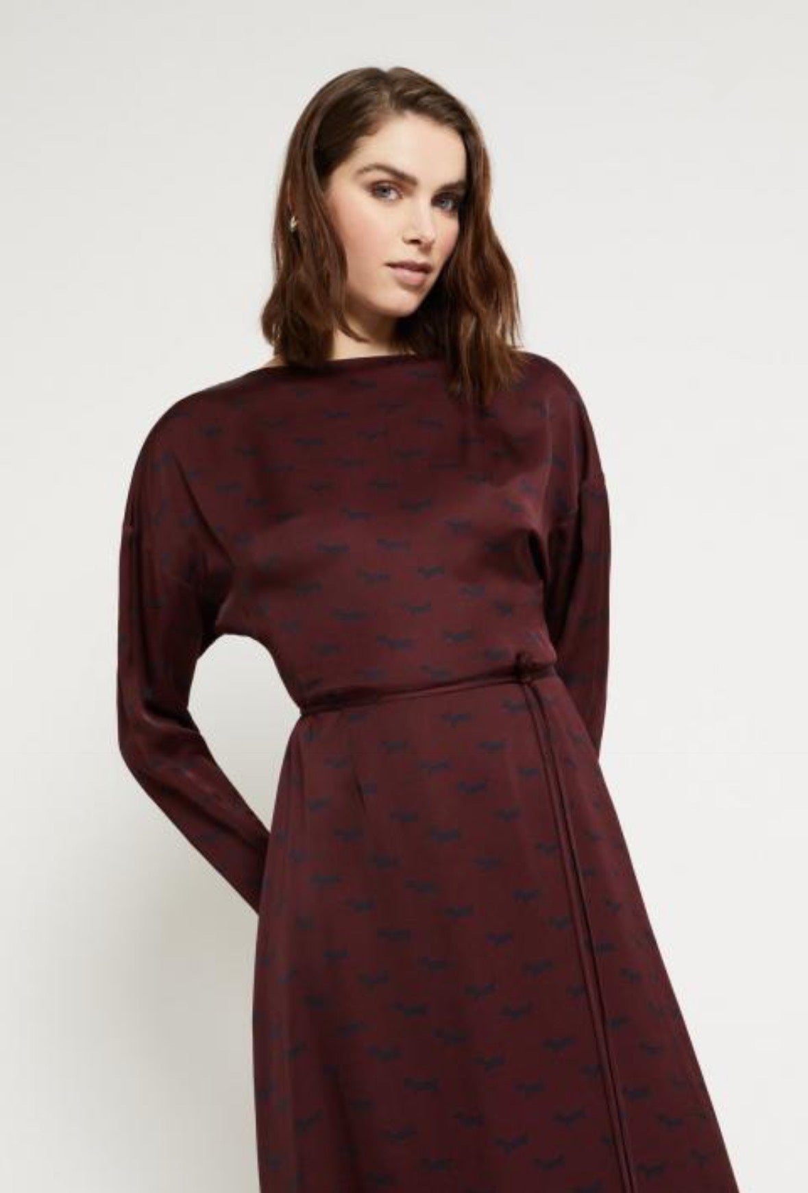 Ottod’Ame Long Sleeve Burgundy Print Midi Dress