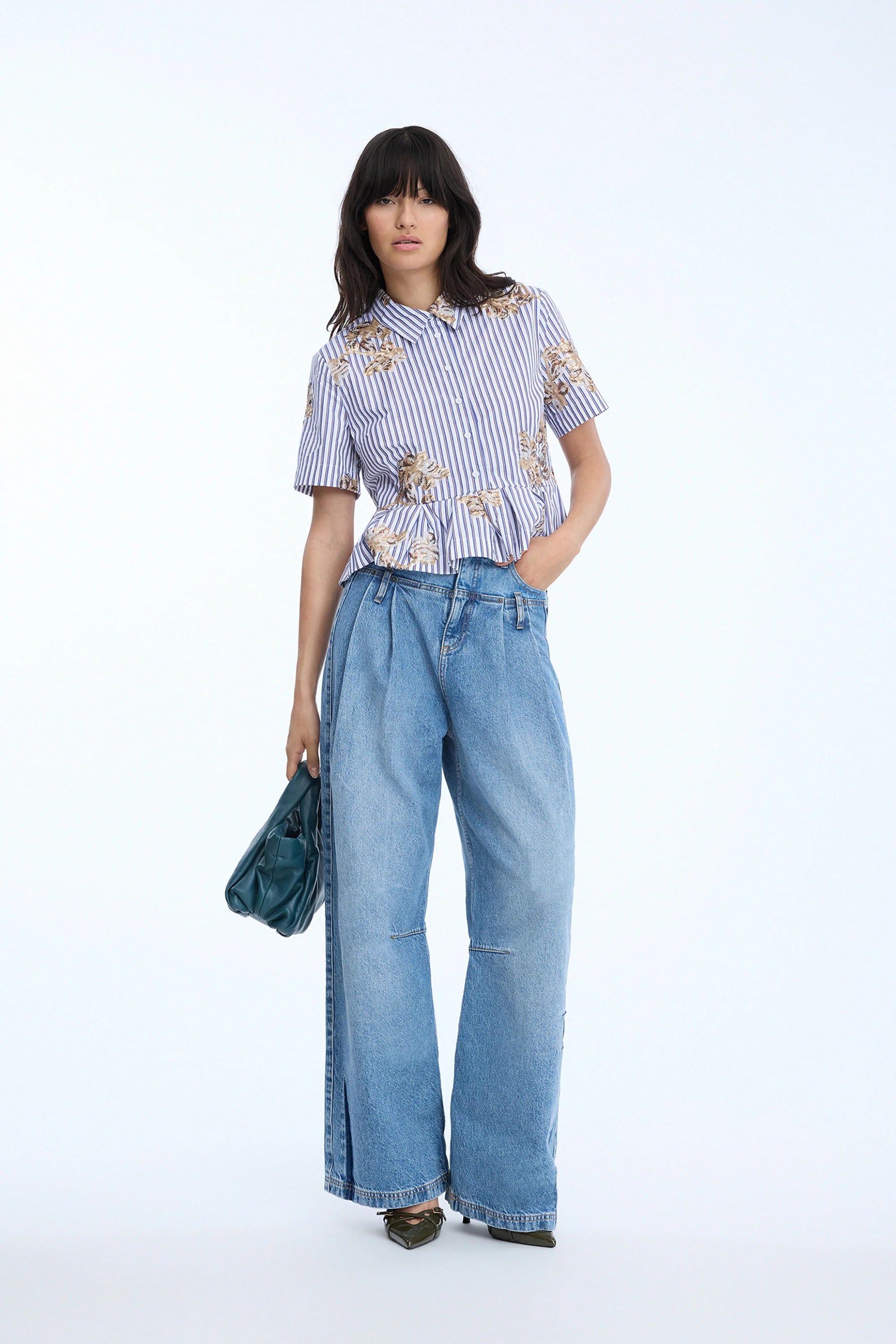MUNTHE NURIANA White Striped Shirt with Peplum & Sequin Embellishment