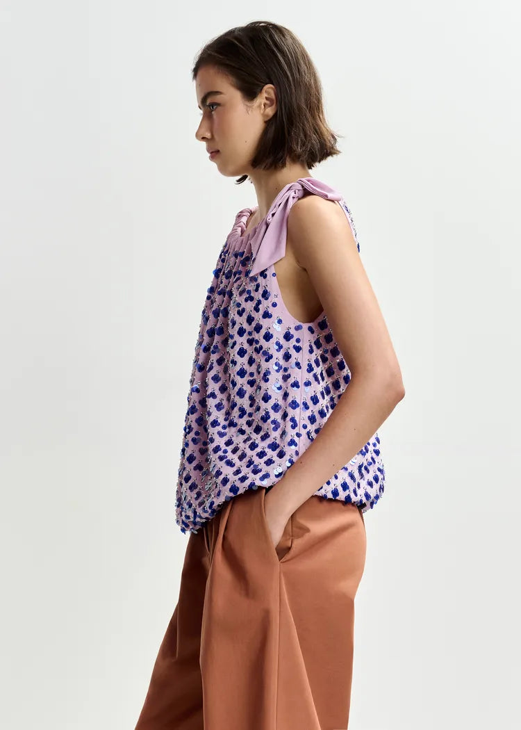 Essentiel Antwerp Purple & Electric Blue Sequin Asymmetrical Top with Neck Tie Ribbon
