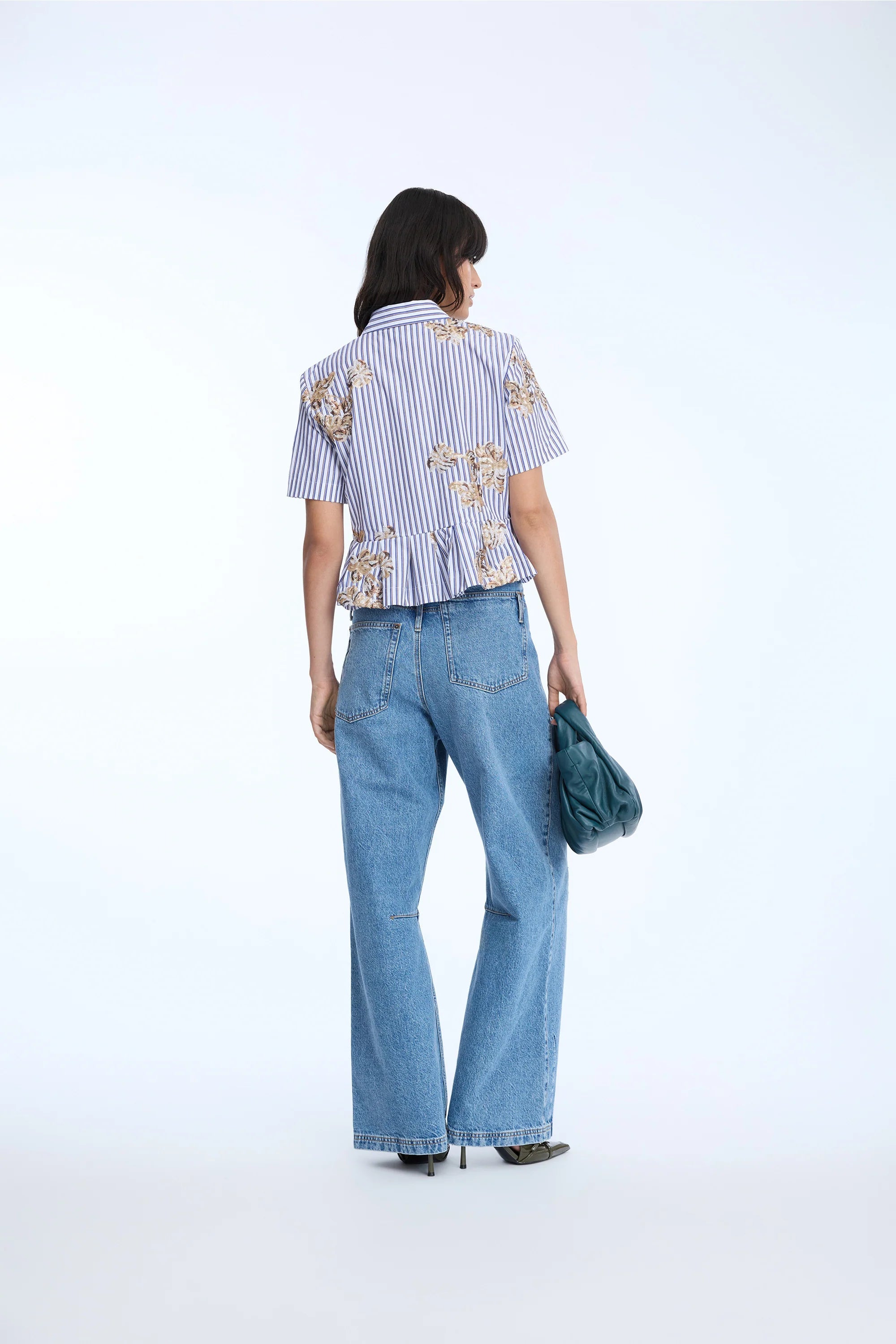 MUNTHE NURIANA White Striped Shirt with Peplum & Sequin Embellishment