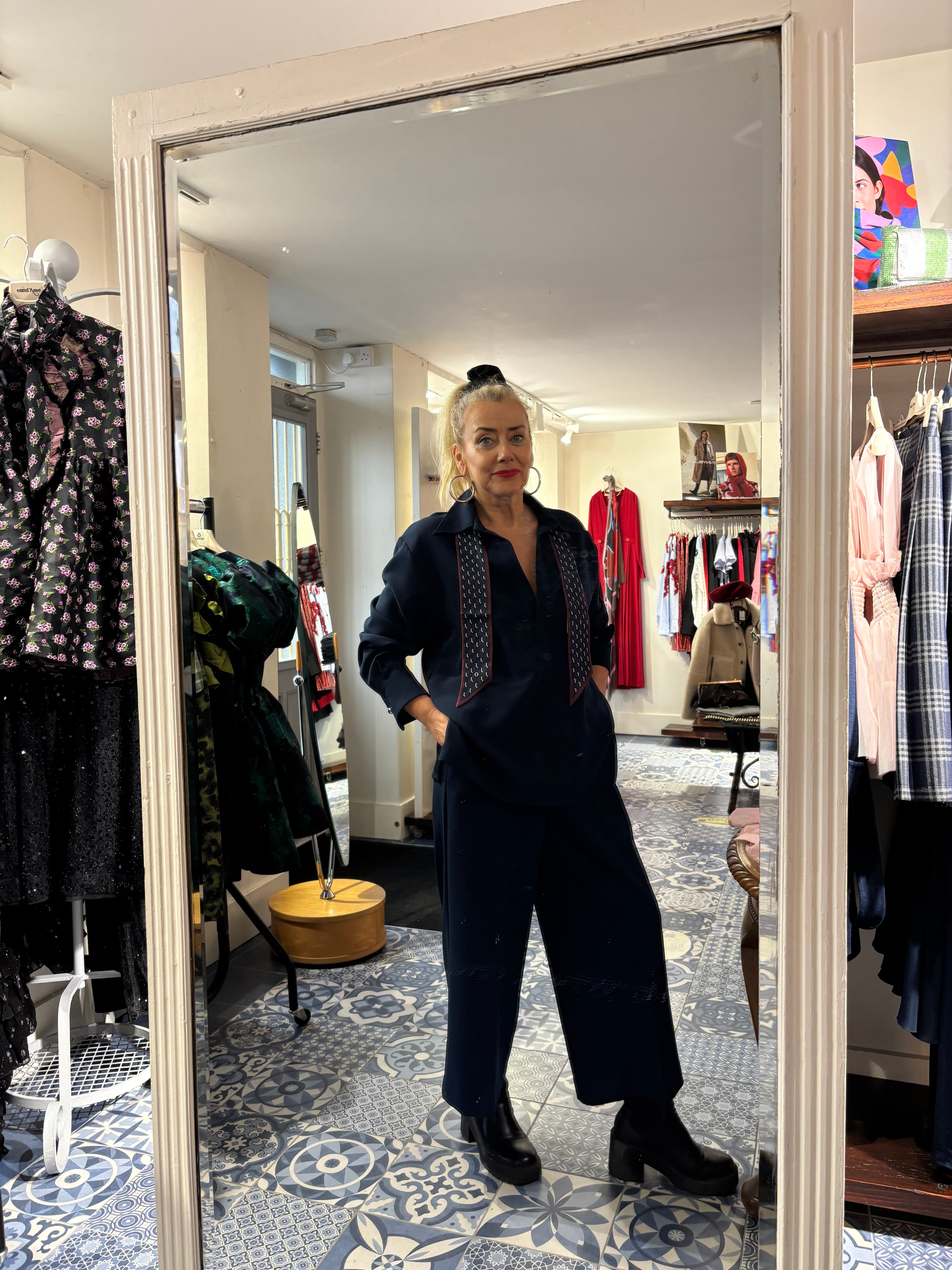 Ottod'Ame  Navy Cropped wide Leg Trousers