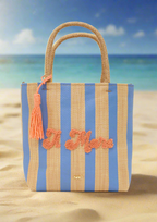 NALI Raffia Bag with Blue Stripe & Orange Lettering