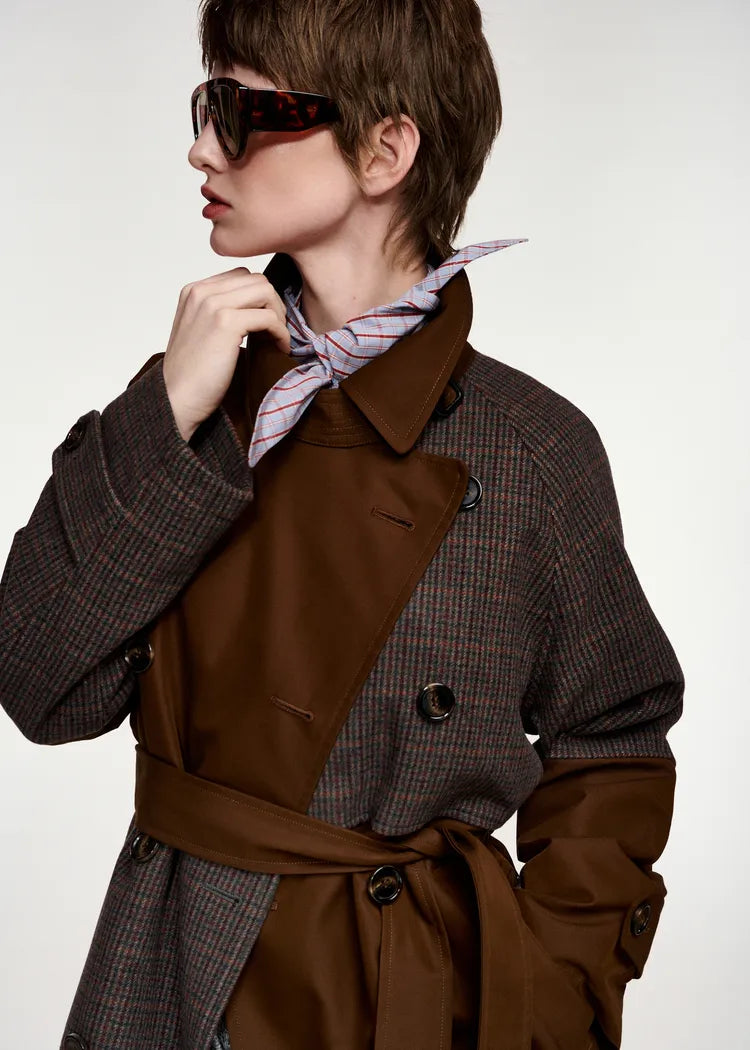 Essentiel Antwerp Brown and Tweed Colour Block Trench Coat