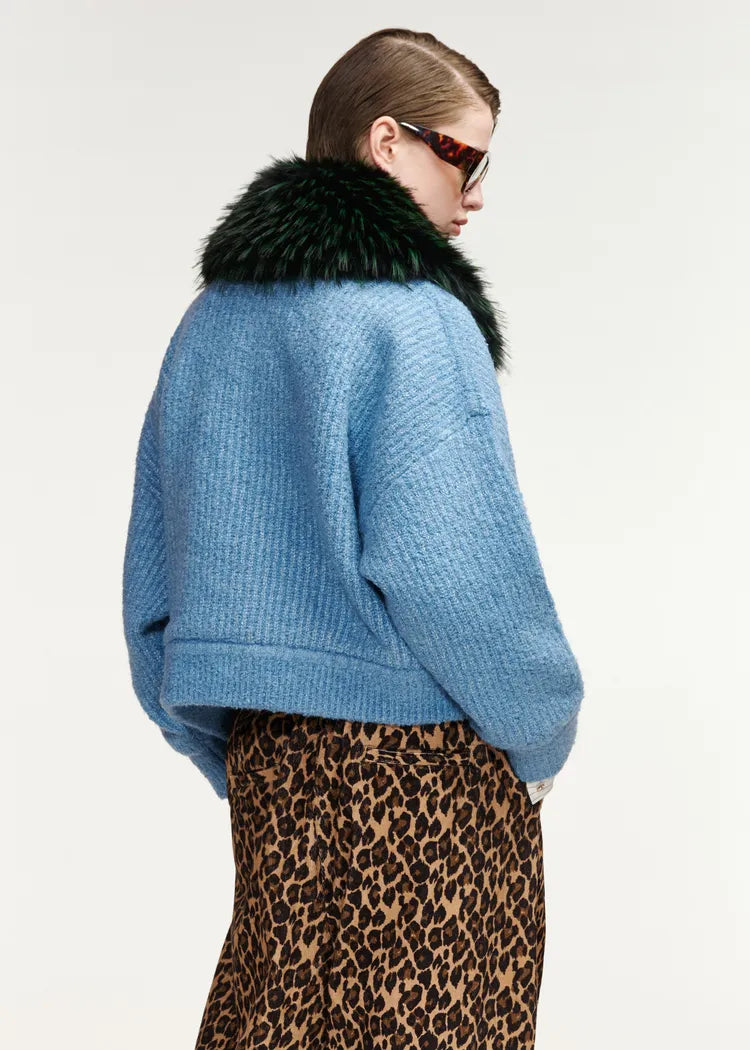 Essentiel Antwerp Baby Blue Bouclé Bomber with Removable Faux Fur Collar