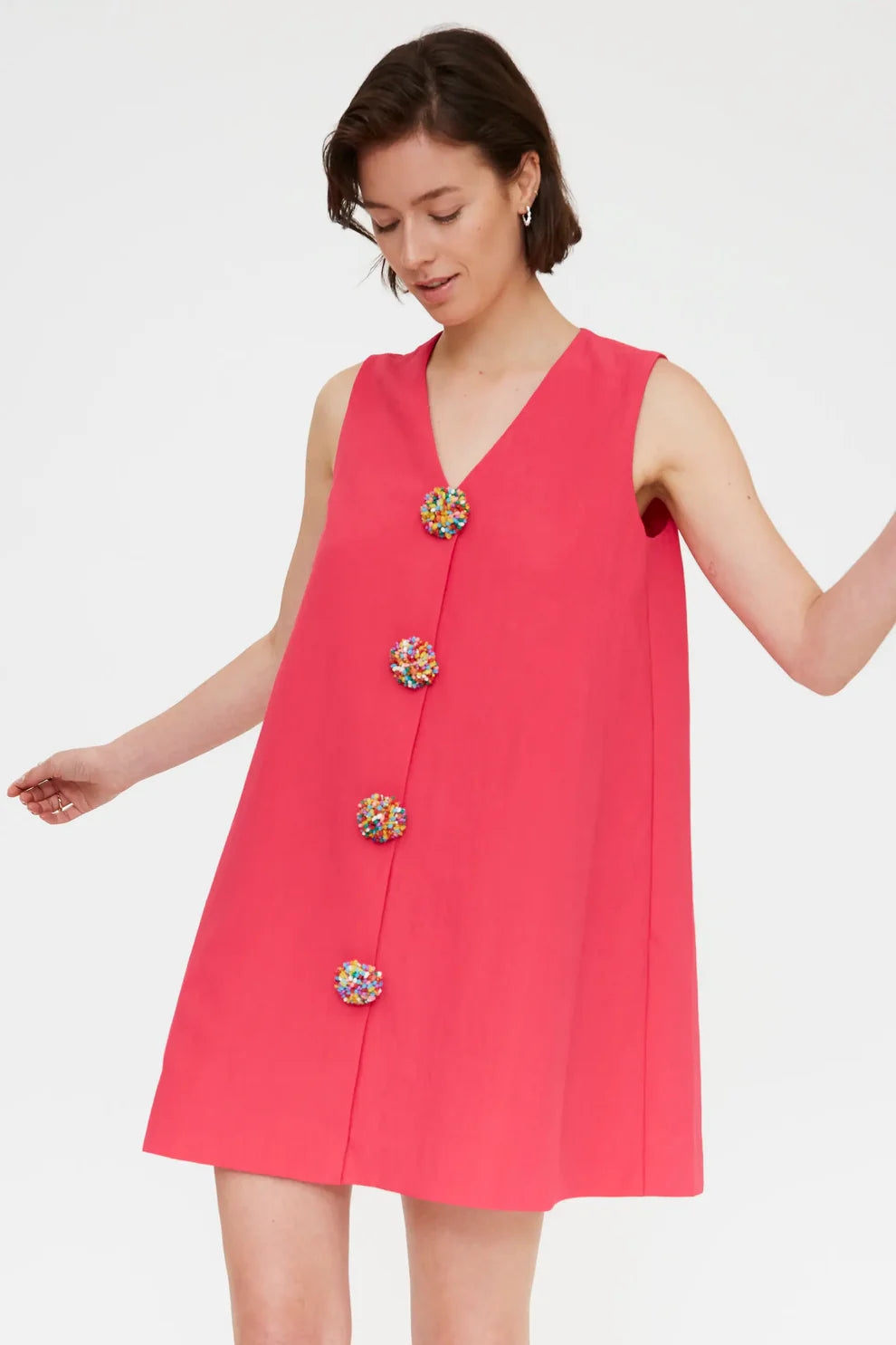 Compañía Fuchsia Mini Dress with V-Neck & Colourful Buttons