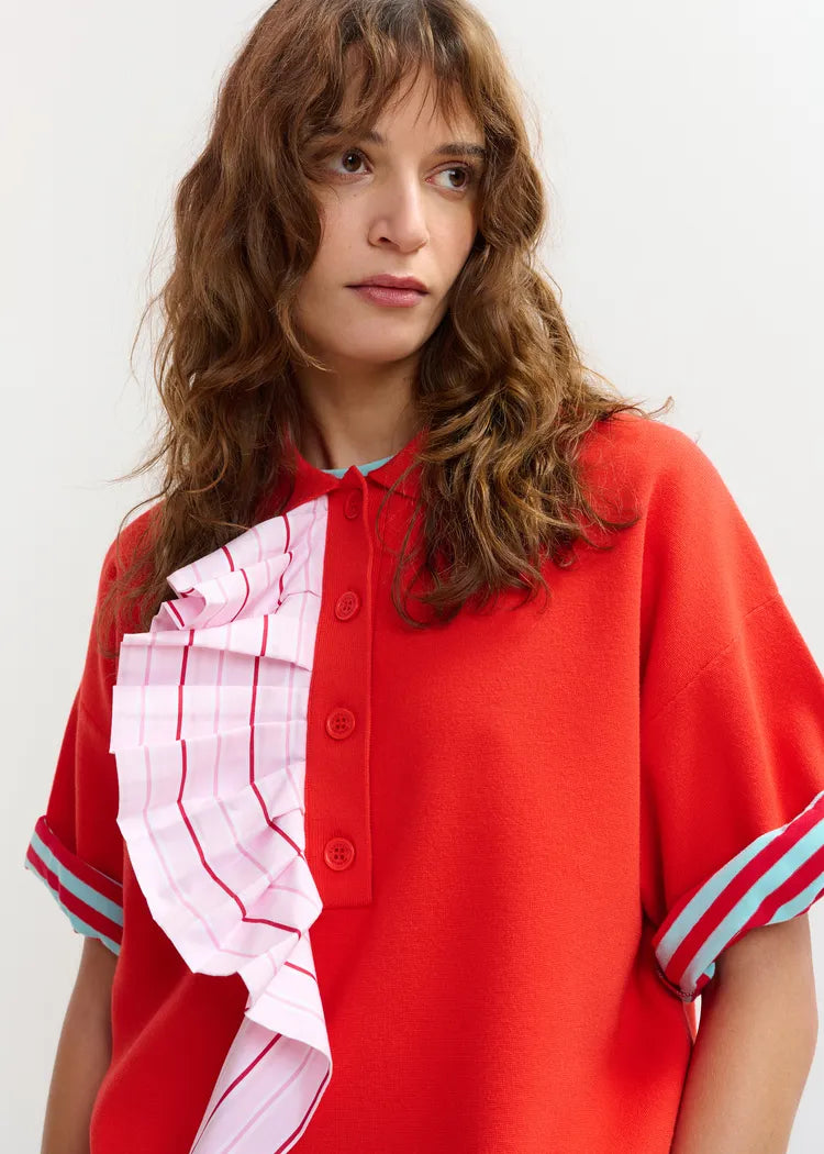 Essentiel Antwerp Orange Polo Top with Pink Ruffle