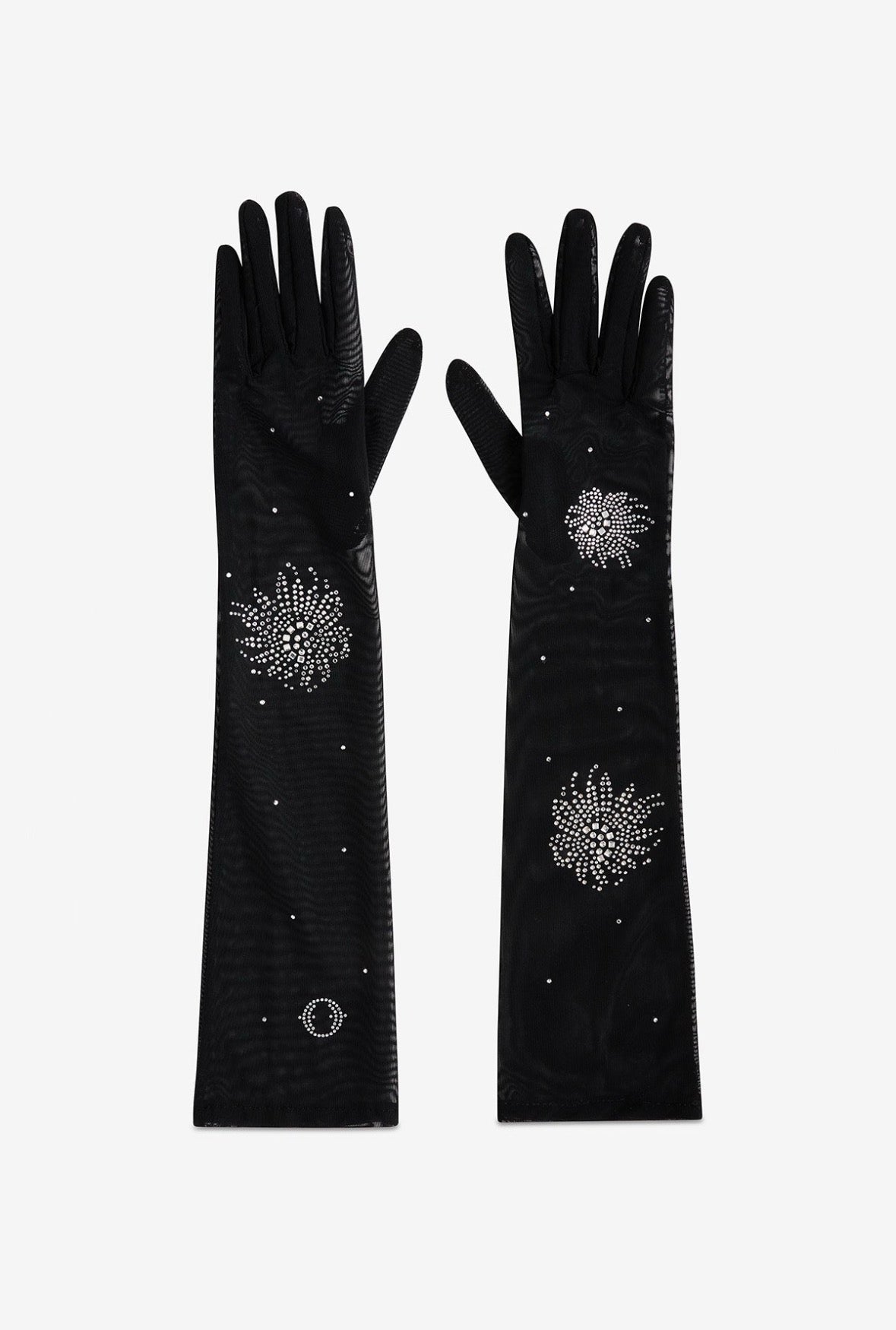 Ottod’Ame Long Black Mesh Gloves with Rhinestone Embellishment