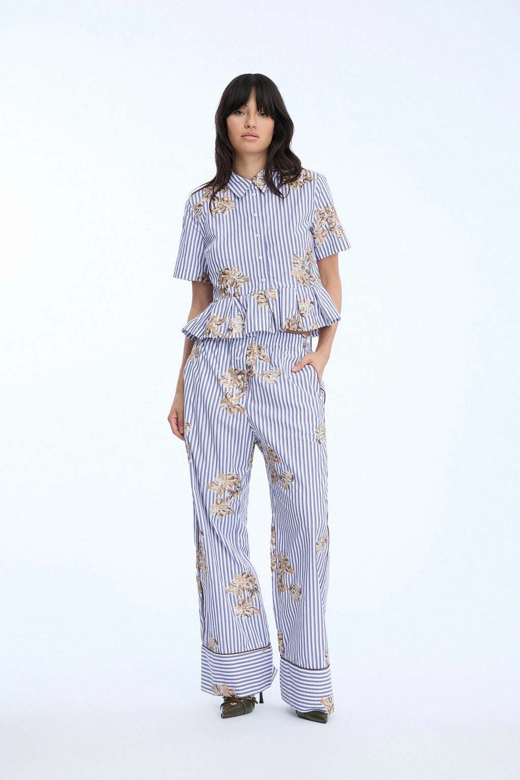 MUNTHE NURIANA White Striped Shirt with Peplum & Sequin Embellishment