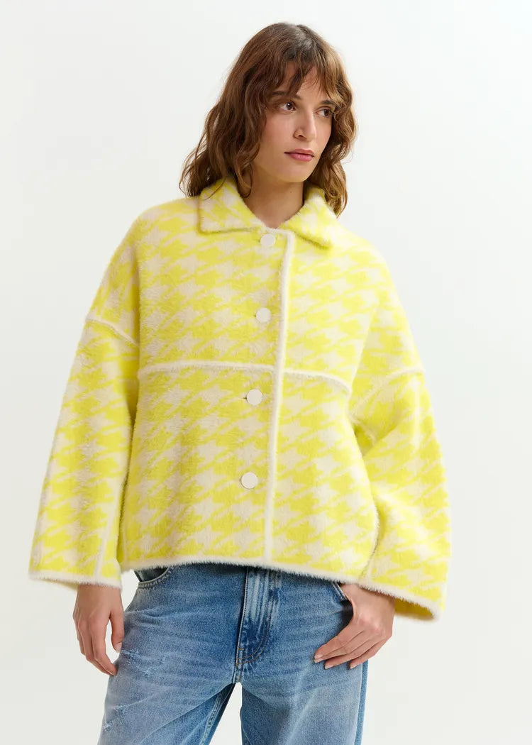 Essentiel Antwerp Lemon Houndstooth Fluffy Knit Jacket