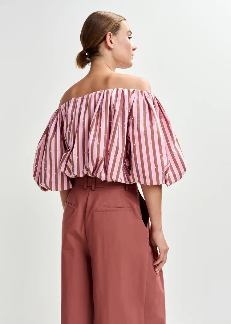 Essentiel Antwerp Pink & Brown Striped Off-the-Shoulder Bodysuit with Diamante Embellishments