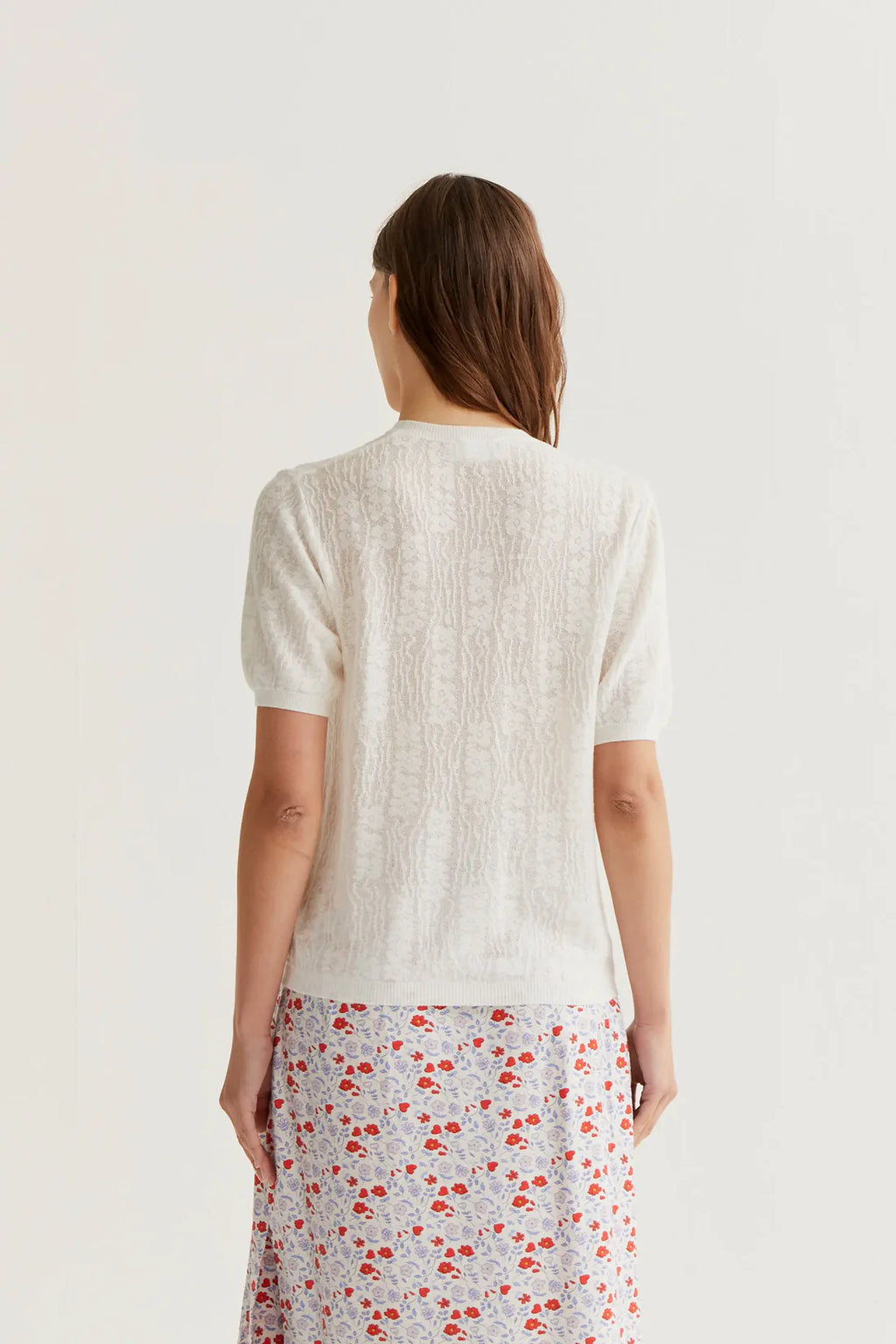 Compañía White Fine Knit Short Sleeve Lace Cardi-Top