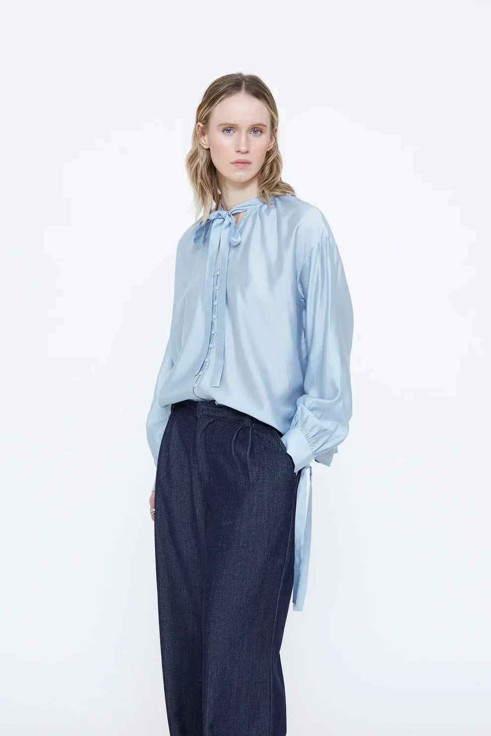Wild Pony Baby Blue Satin Blouse with Tie Neck