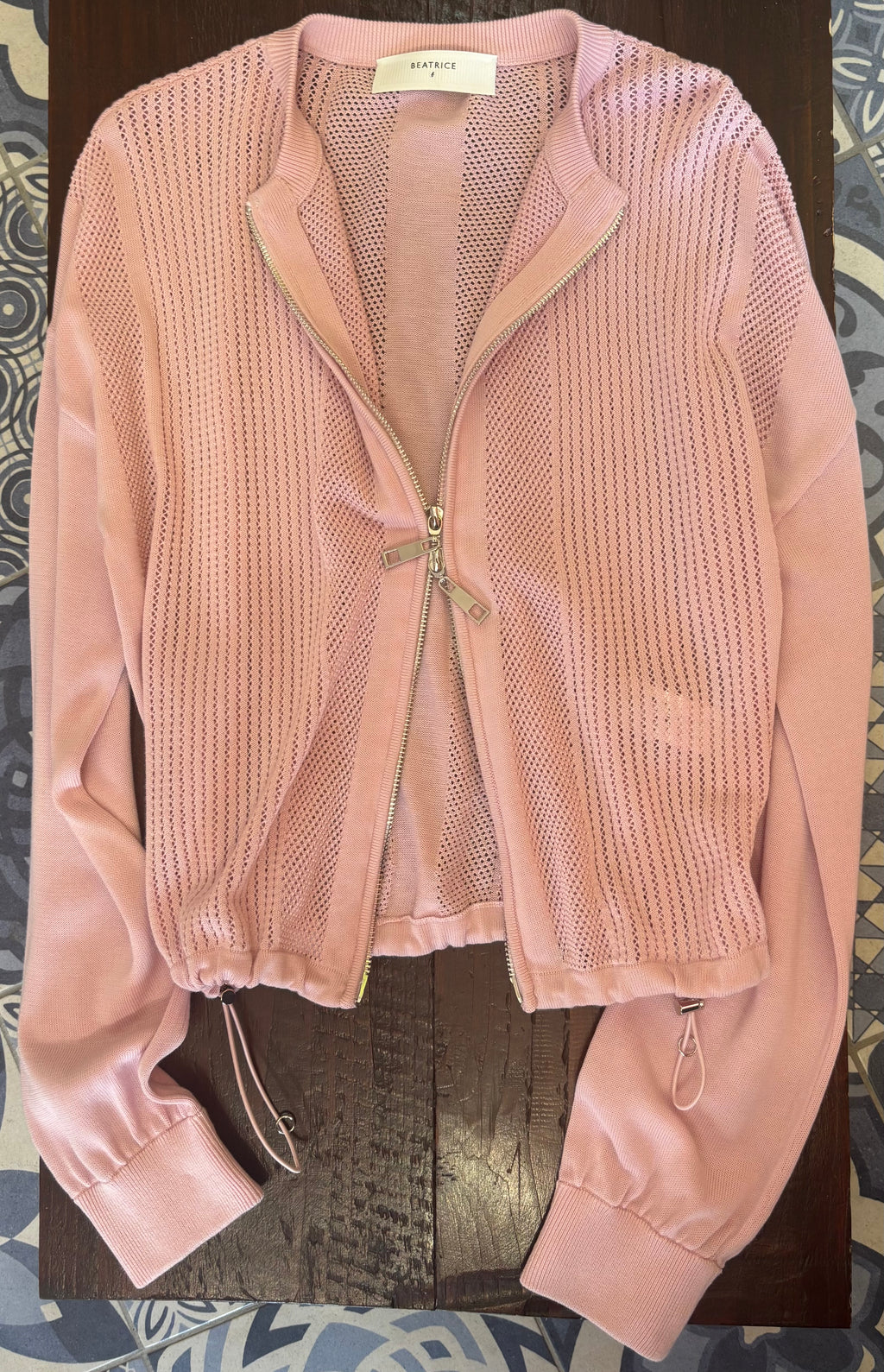 Beatrice B Pink Cotton & Silk Pin-Tuck Knit Jacket with Zips