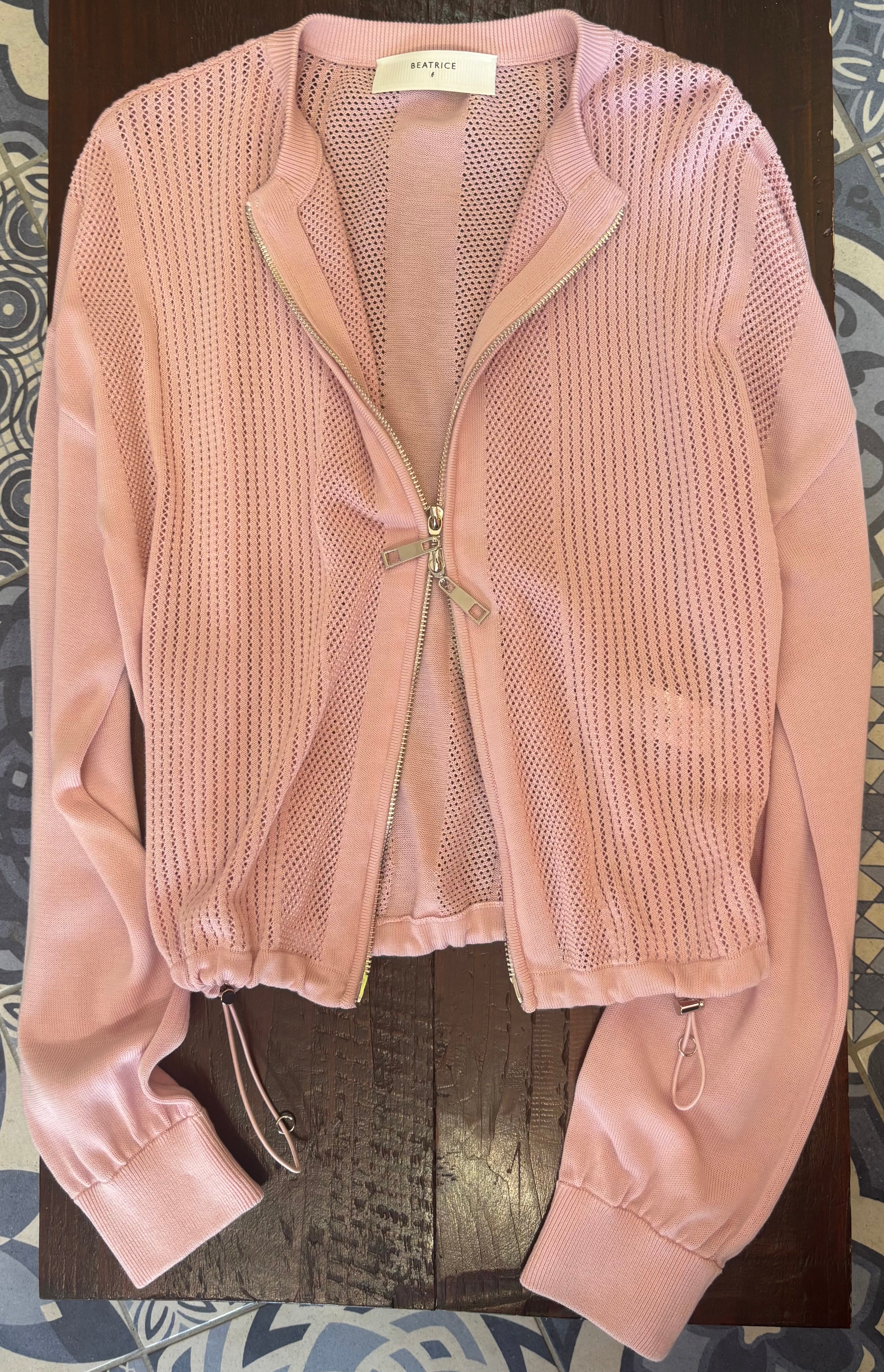 Beatrice B Pink Cotton & Silk Pin-Tuck Knit Jacket with Zips
