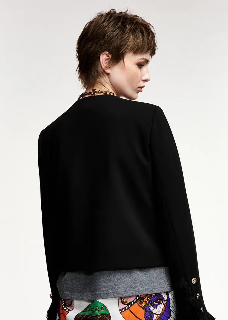 Essentiel Antwerp Black Utility Jacket with Fringe Details and Appliqué Pockets