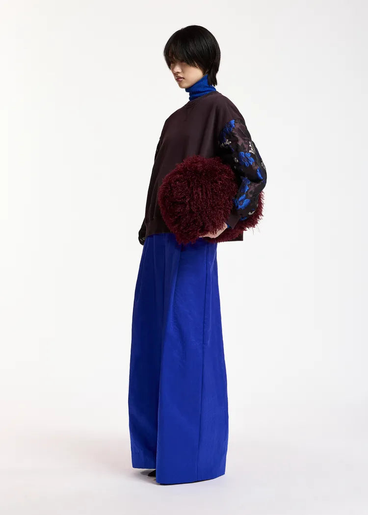 Essentiel Antwerp Plum Sweatshirt with Cobalt Blue Floral Jacquard Sleeves