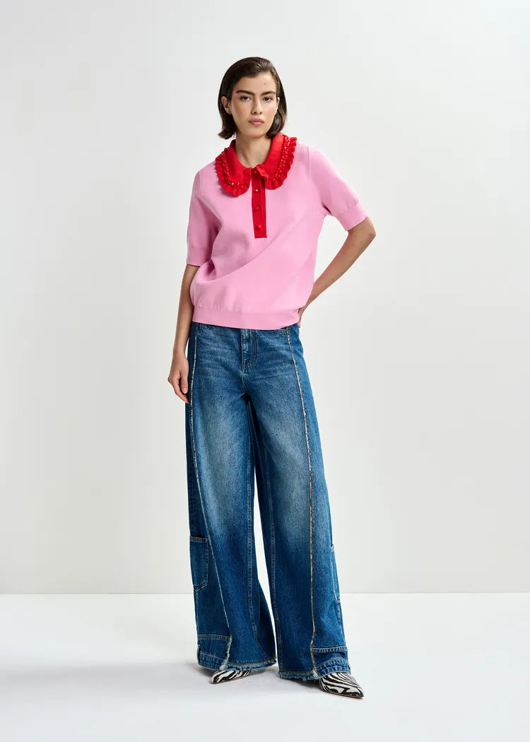 Essentiel Antwerp Pink Knit Polo Top with Red Frill Collar & Embellishment