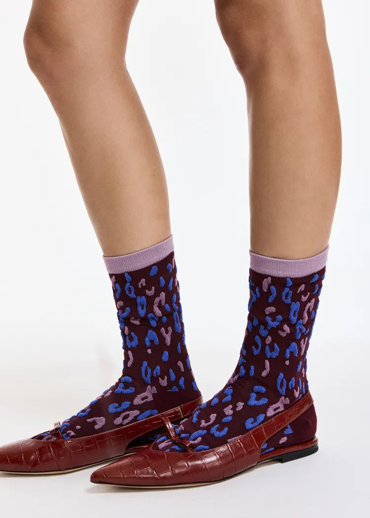 Essentiel Antwerp Burgundy Blue Mauve Leopard Jacquard-Knit Cotton-Blend Socks