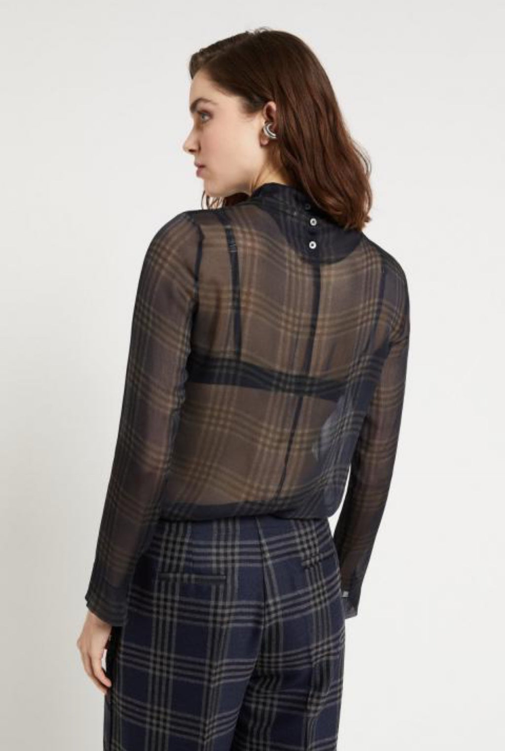 Ottod’Ame Navy Tartan Silk Chiffon  Blouse