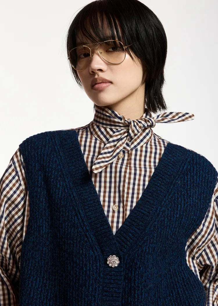 Essentiel Antwerp Shirt /Jumper with attached Navy 100% Wool waistcoat Knit