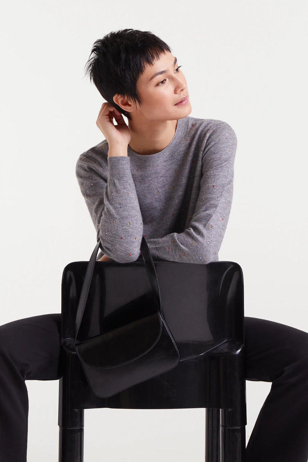 Compañia Fantastica Grey Fine Knit Jumper with Multi-Coloured Gems