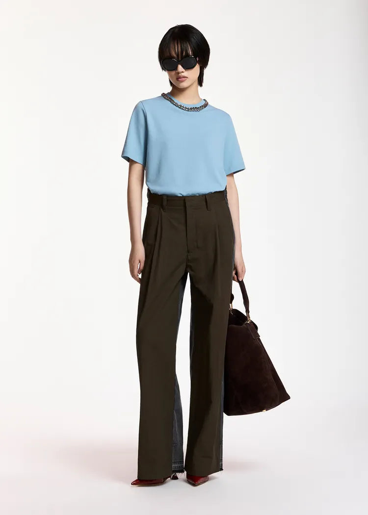 Essentiel Antwerp Light Blue Cotton T-Shirt with Chain Neckline