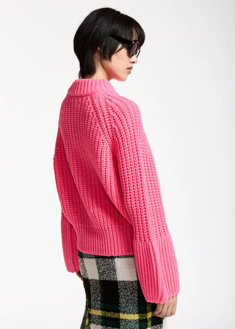 Essentiel Antwerp Neon Pink Chunky Turtleneck Knit with Voluminous Sleeves