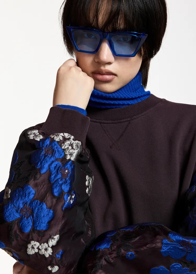 Essentiel Antwerp Plum Sweatshirt with Cobalt Blue Floral Jacquard Sleeves