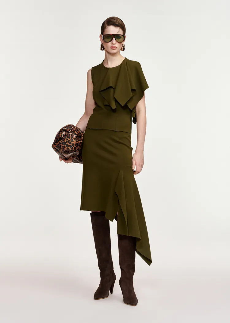 Essentiel Antwerp Khaki Green Skirt with Asymmetrical Frill