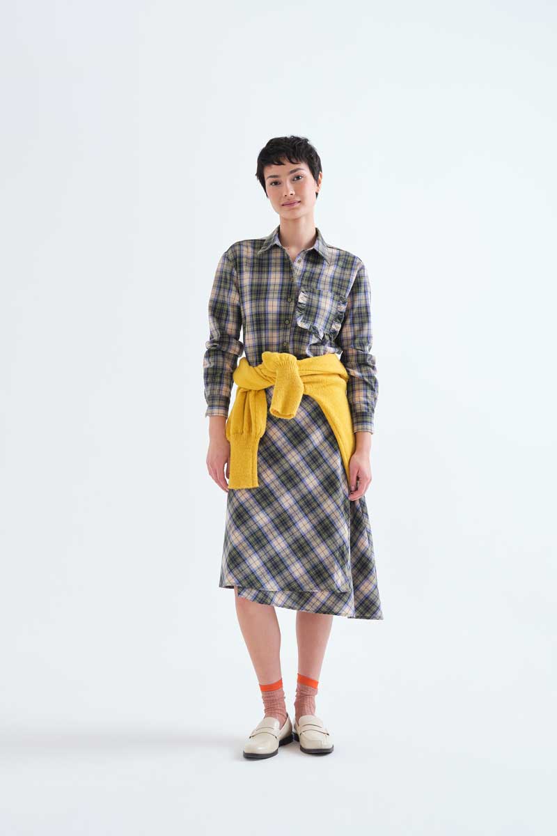 Compañia Fantástica Blue Green Cream Plaid Shirt with Ruffle Detail on Front Pocket
