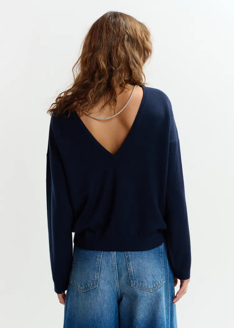 Essentiel Antwerp Navy Fine Knit Sweater with V-Back & Rhinestone Necklace