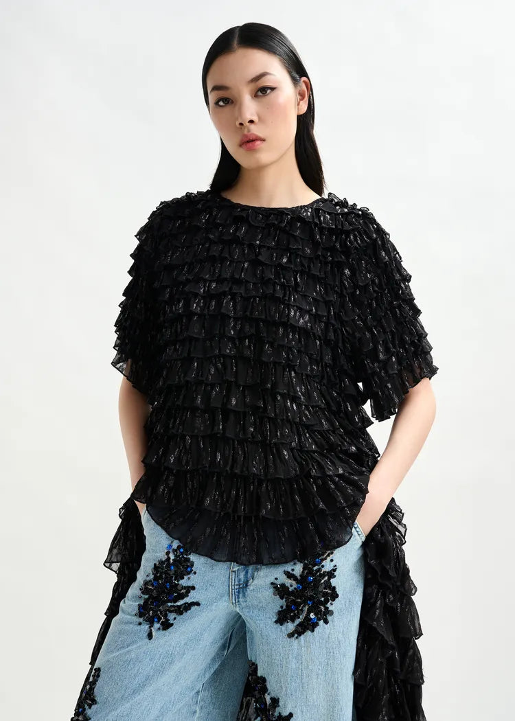 Essentiel Antwerp Black Ruffled Mini Dress with Train