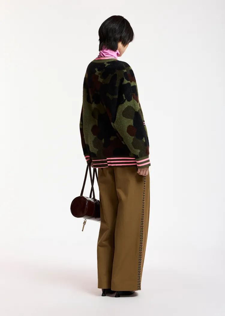 Essentiel Antwerp Khaki Camo Jacquard Cardigan with Pink Striped Trims