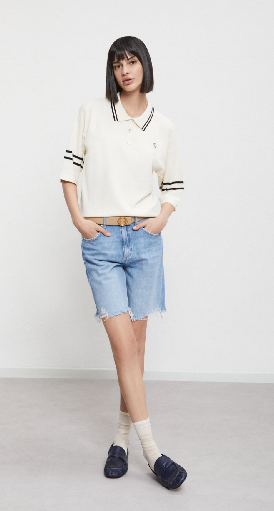 Ottod’Ame Cream Polo Top with Black Stripe