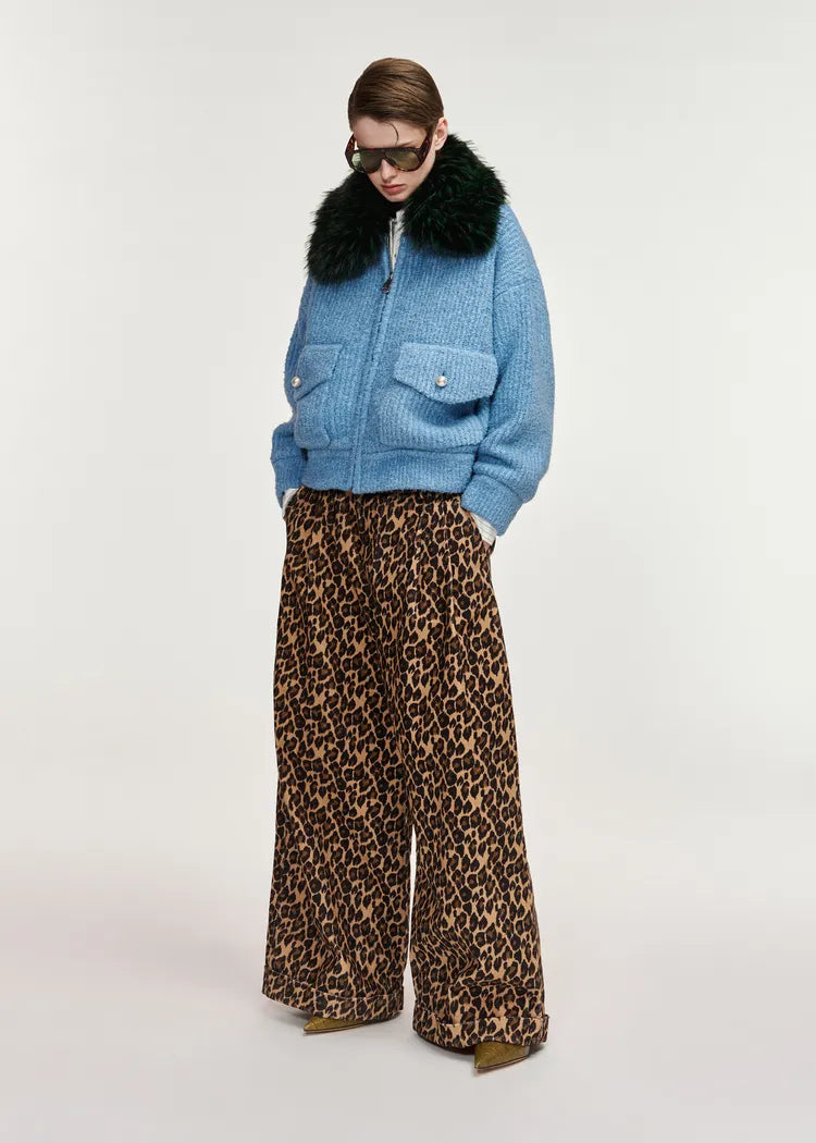 Essentiel Antwerp Baby Blue Bouclé Bomber with Removable Faux Fur Collar