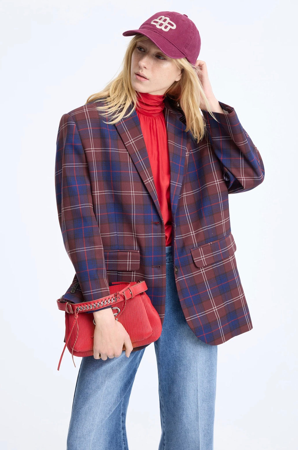 MUNTHE High Neck Red Blouse with Scooped Back