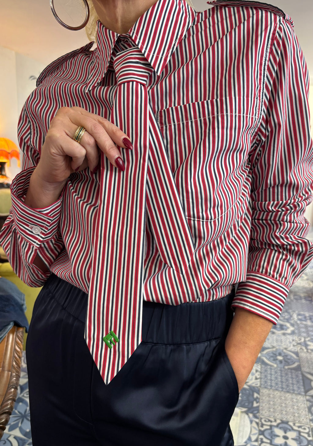 Essentiel Antwerp Red, Black & White Striped Shirt with removable Tie