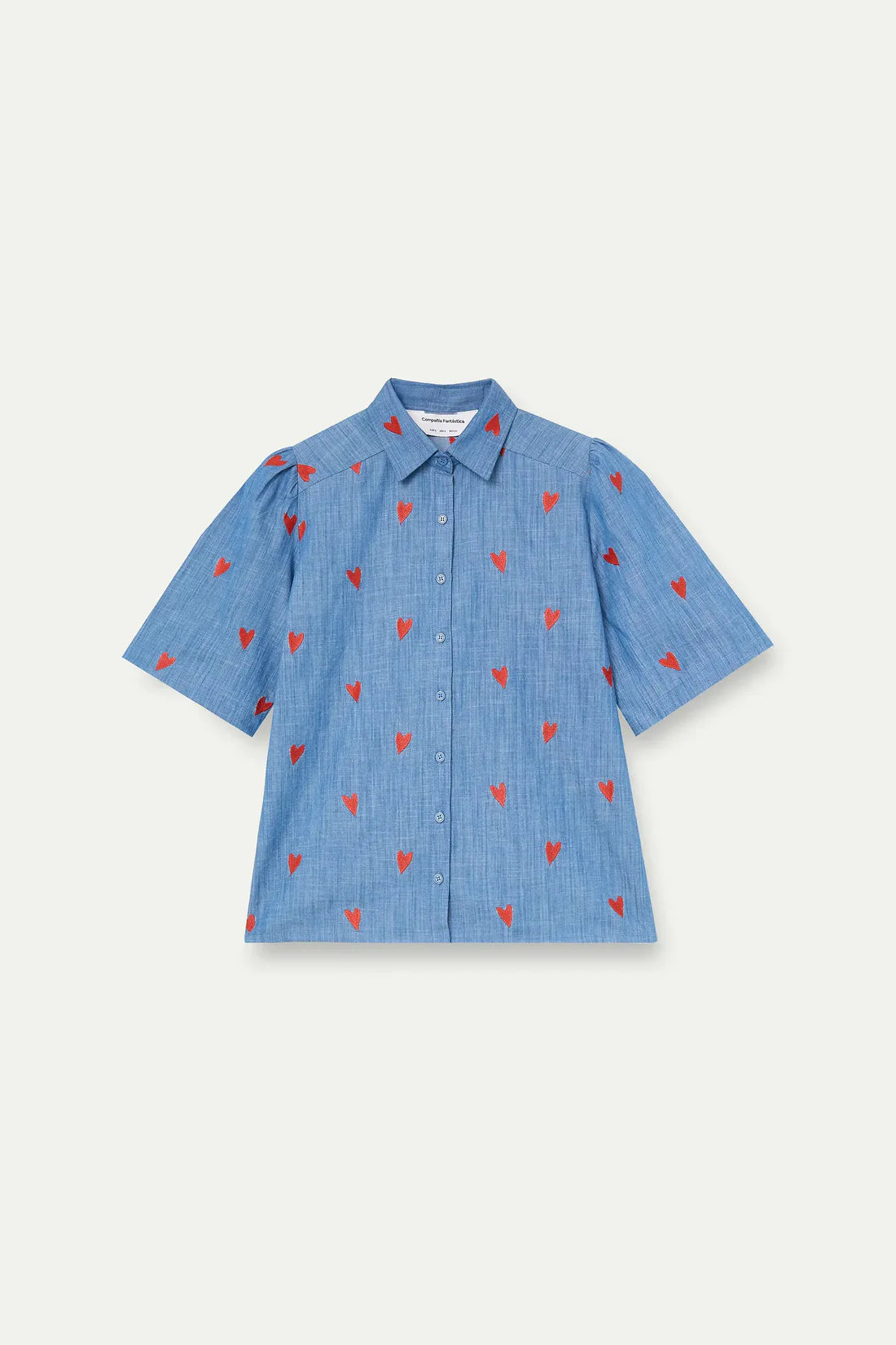 Compañía Fantástica Blue Denim Cotton Shirt with Embroidered Hearts