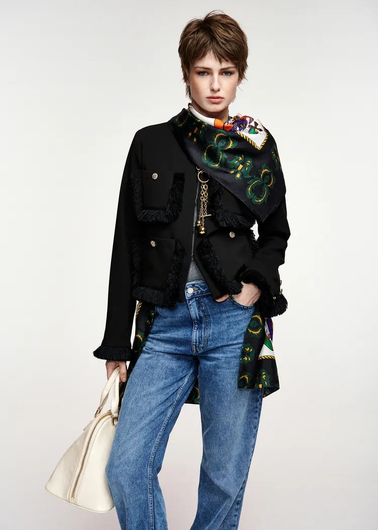 Essentiel Antwerp Black Utility Jacket with Fringe Details and Appliqué Pockets