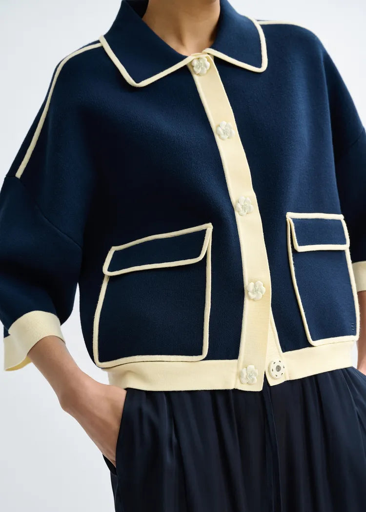 Essentiel Antwerp Navy Knit Cardigan with Flower Buttons & Contrasting Trim