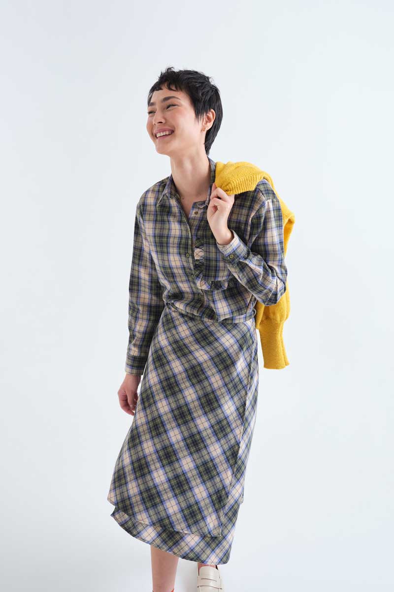 Compañia Fantástica Blue Green Cream Plaid Shirt with Ruffle Detail on Front Pocket