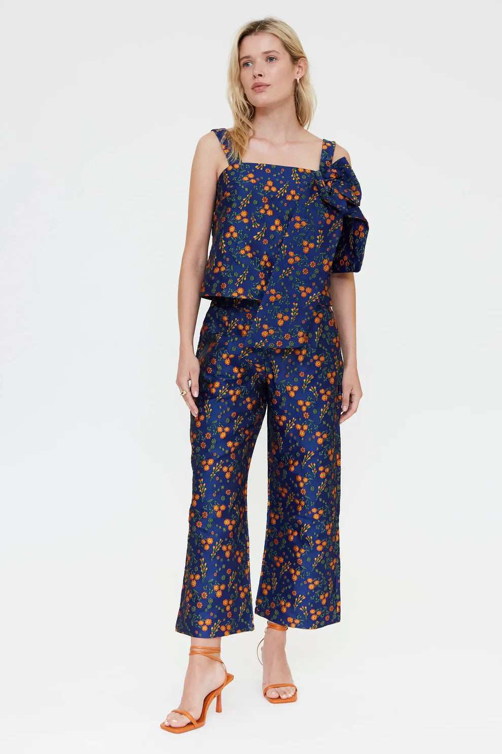 Compañia Fantastica Navy & Orange Floral Cropped Jacquard Pants