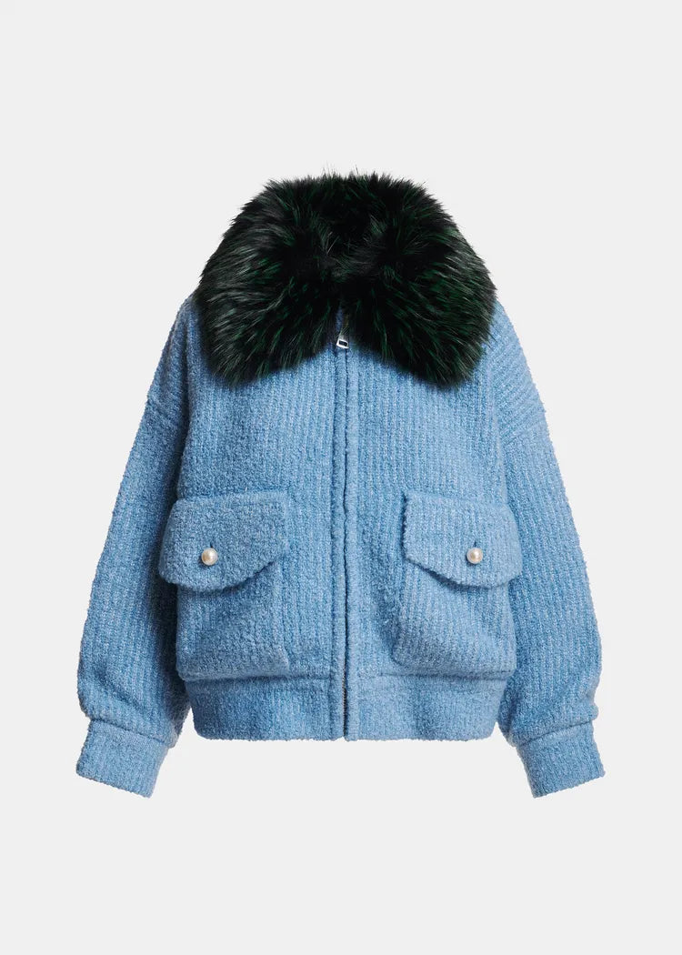 Essentiel Antwerp Baby Blue Bouclé Bomber with Removable Faux Fur Collar