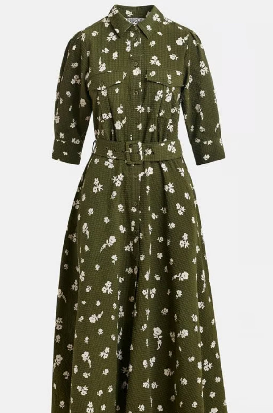 Essentiel Antwerp Olive Green Floral Belted Shirt Dress