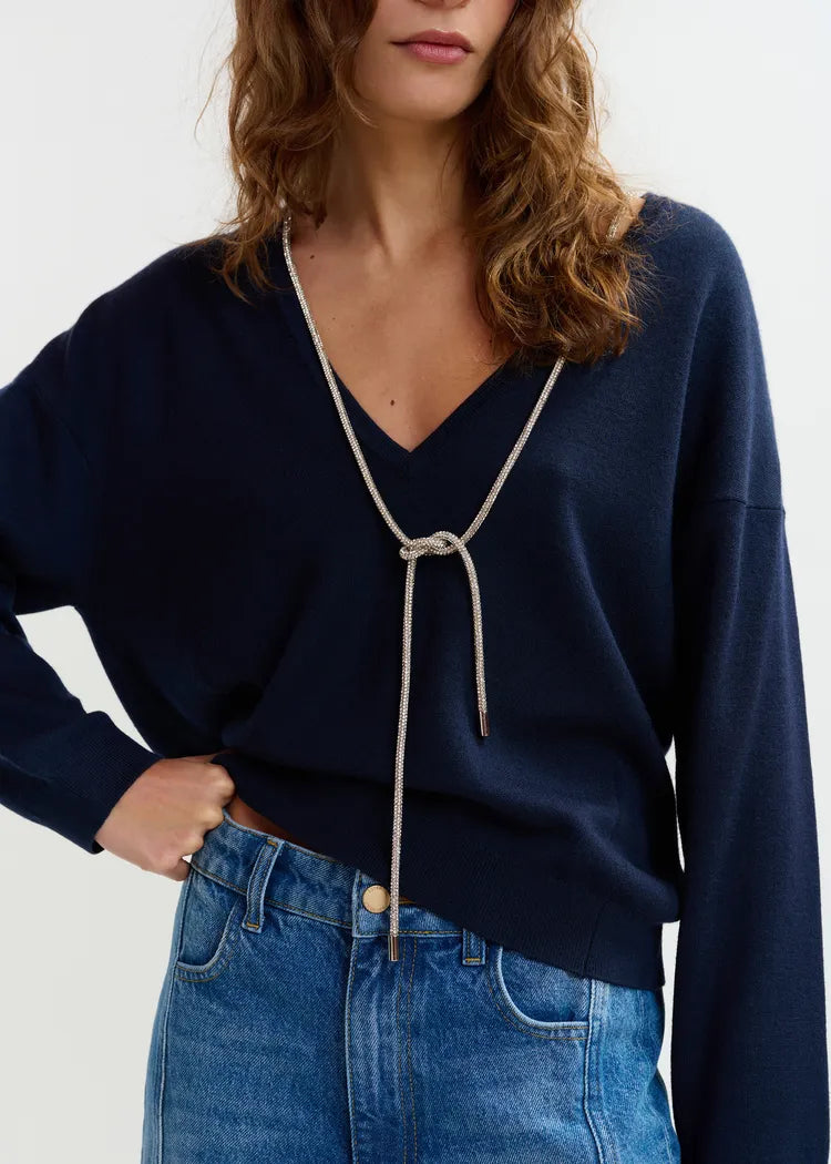 Essentiel Antwerp Navy Fine Knit Sweater with V-Back & Rhinestone Necklace
