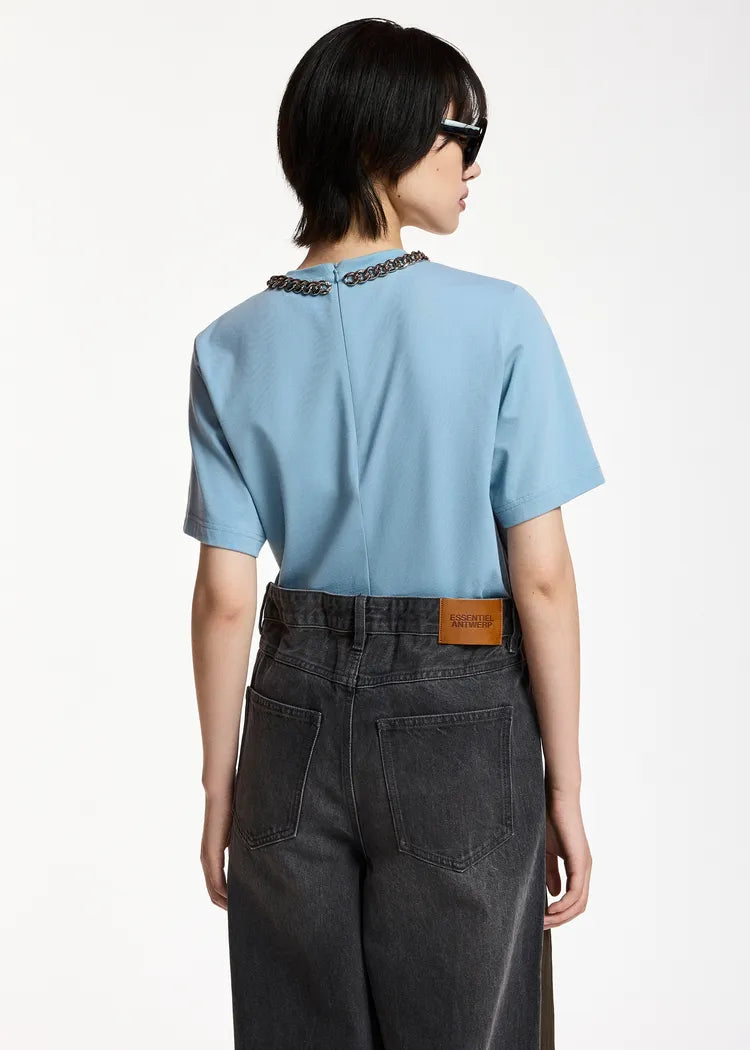 Essentiel Antwerp Light Blue Cotton T-Shirt with Chain Neckline