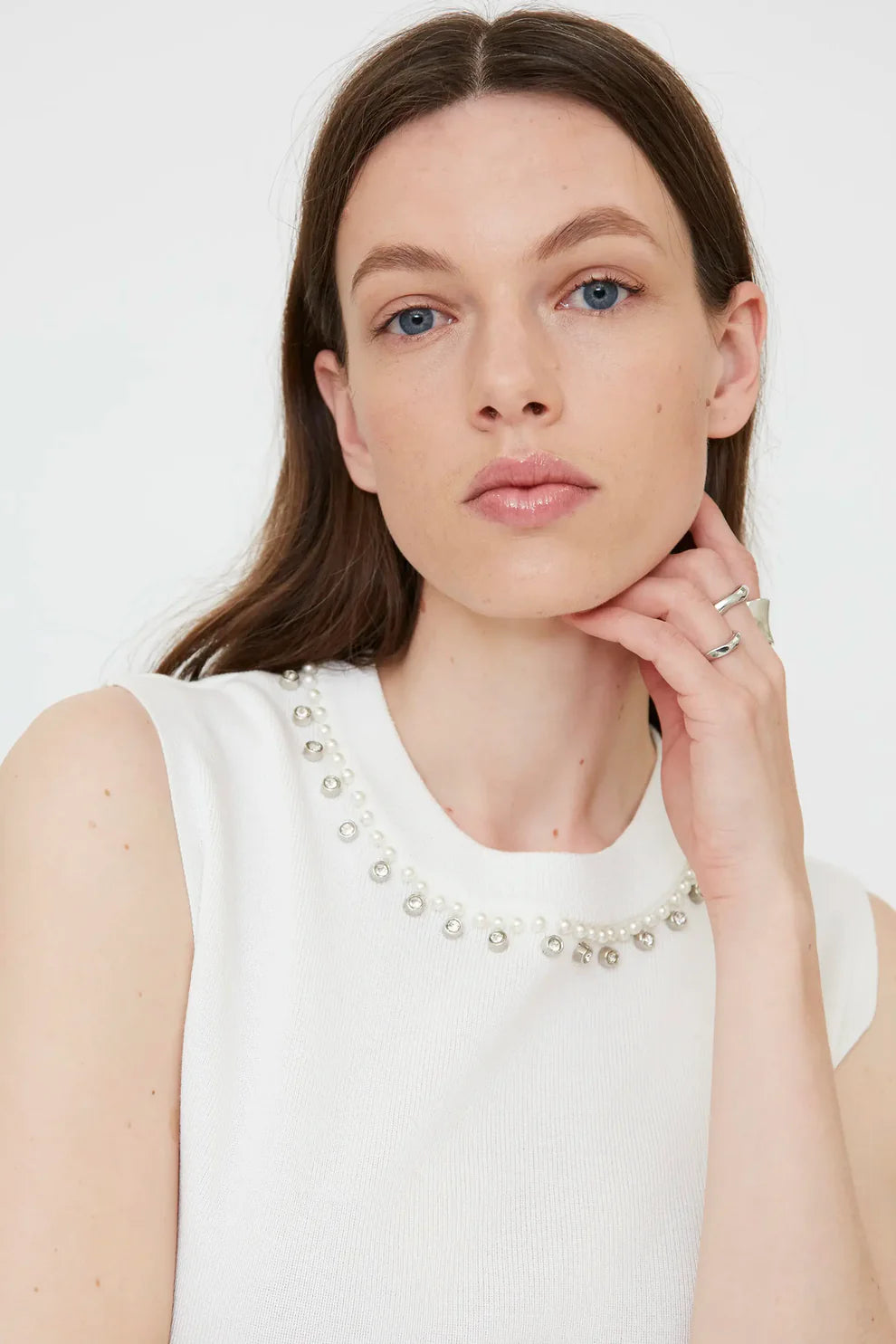 Wild Pony White Fine Knit SleevelessTop with Jewel Neckline